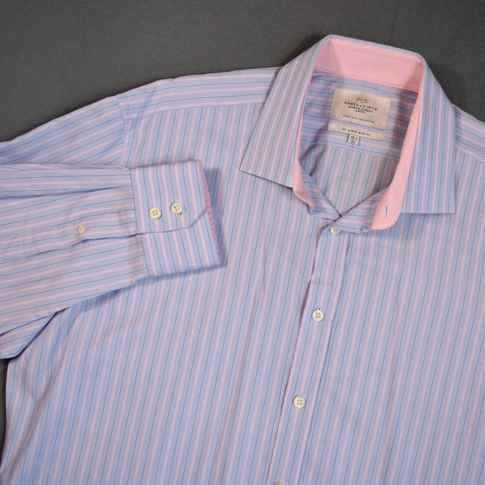 Hawes & Curtis Jermyn Street London 2 Ply Cotton Luxury Slim Fit Pink Blue 16.5